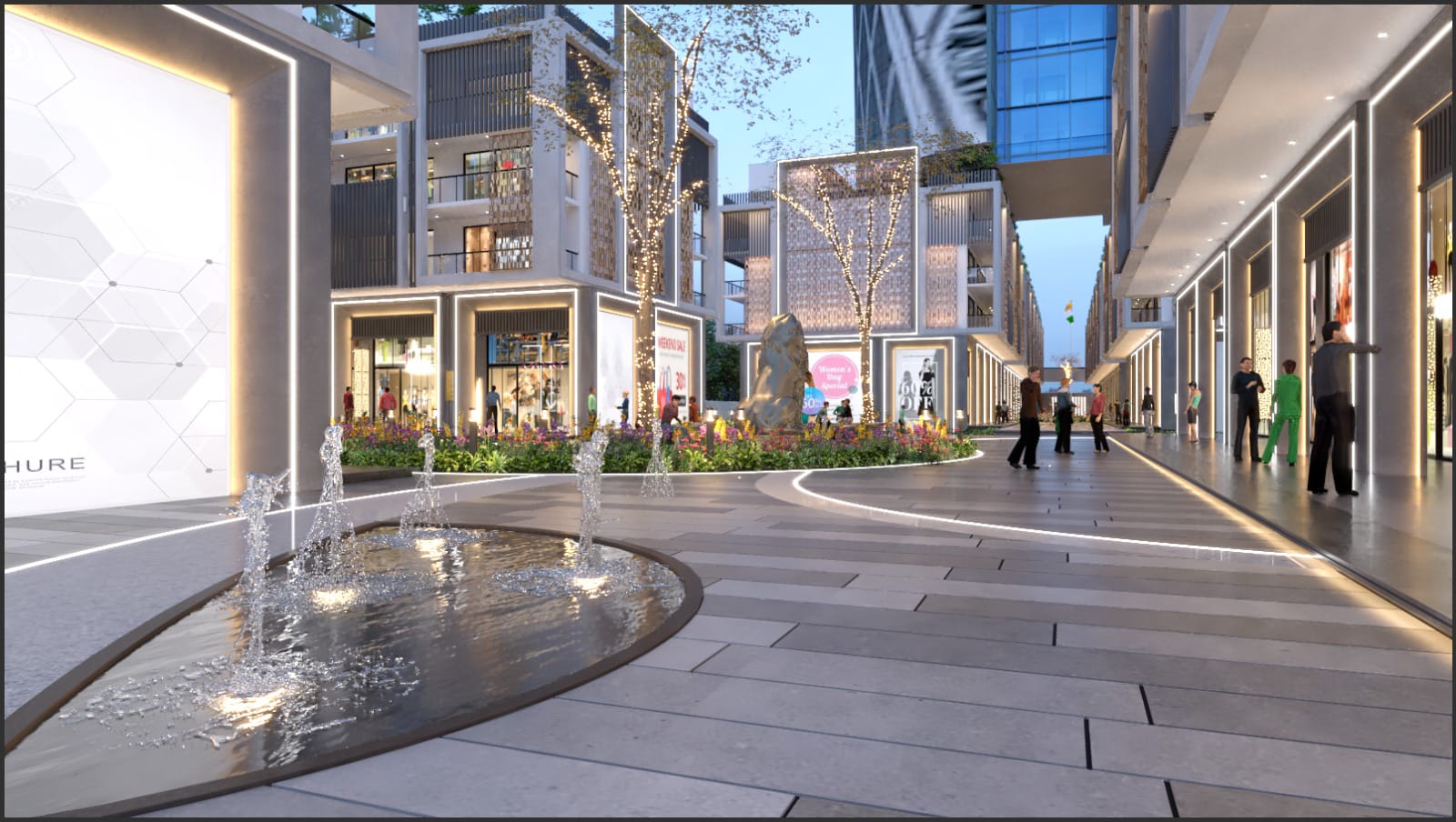 Modern high-street design with landscaped avenues and signage